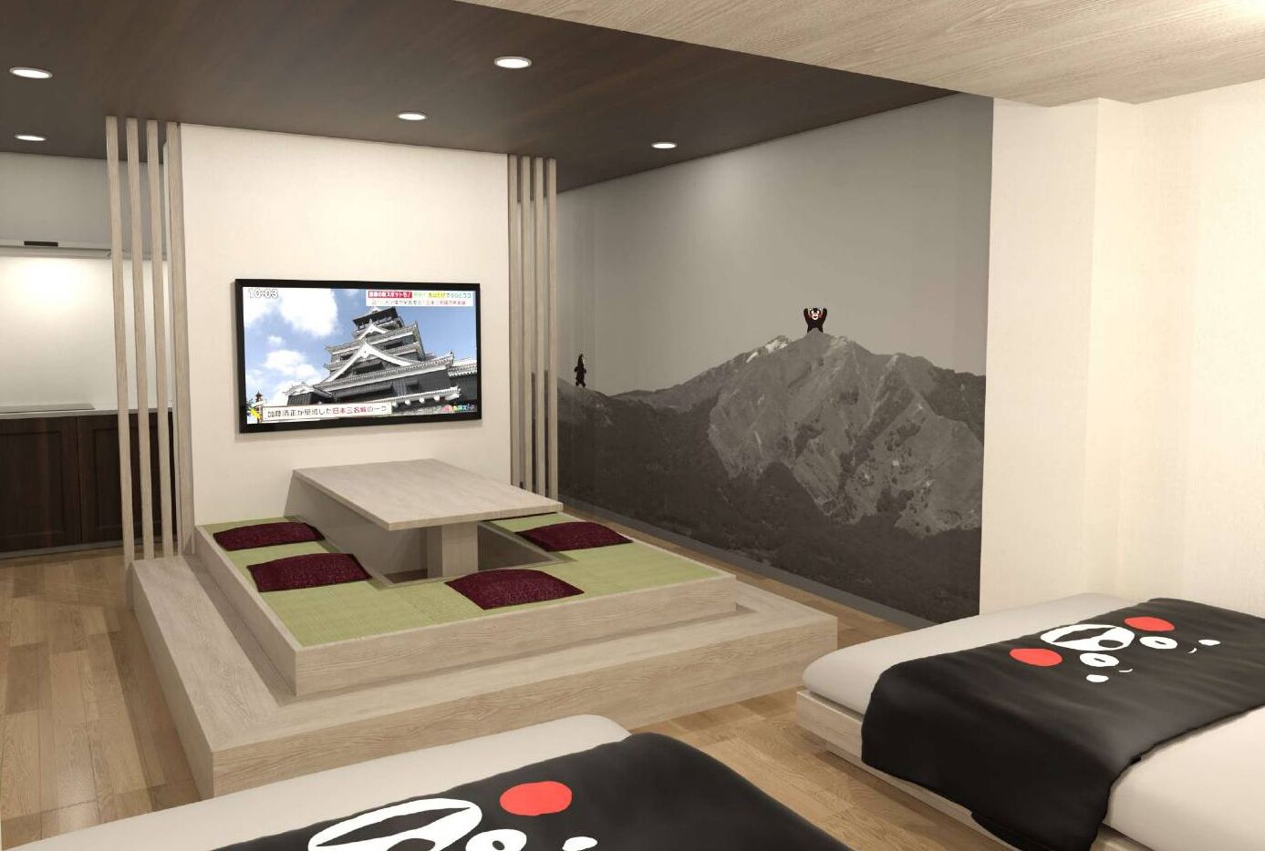Una habitación de hotel moderna con un televisor montado en la pared, un sofá, una mesita y un mural decorativo.