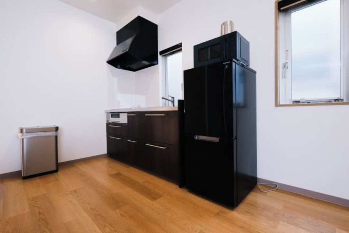 Full-sized fridge, microwave, stovetop, electric kettle