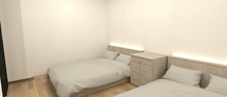 A modern bedroom with two beds, a nightstand, and a wall-mounted light.