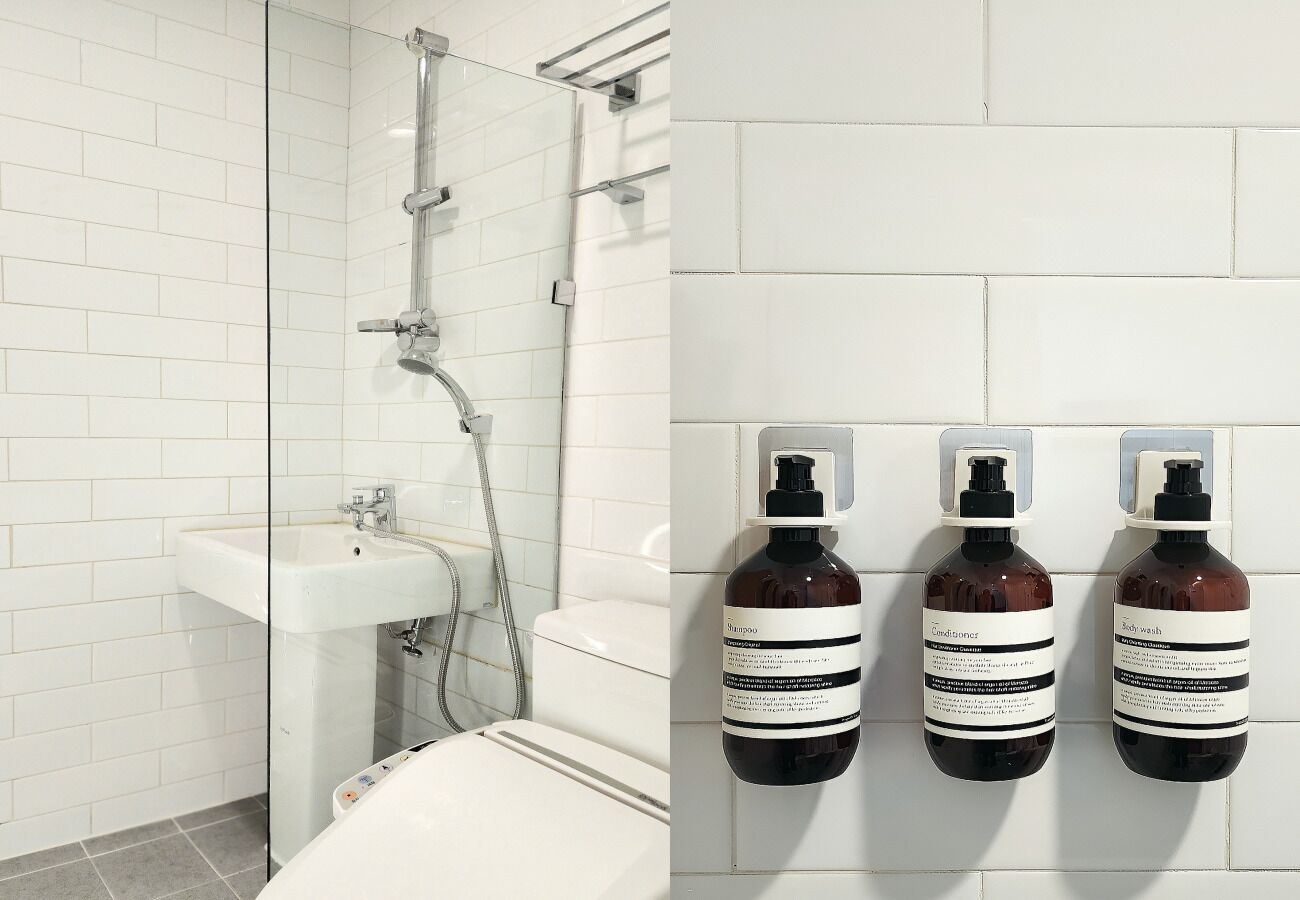 Hair dryer, slippers, bidet, towels