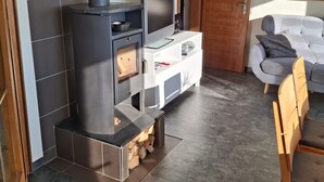 Un salon moderne doté d’un poêle à bois encastré, d’un téléviseur et d’un canapé.