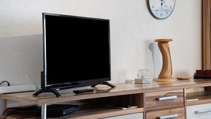 A modern living room with a flat-screen TV, wooden entertainment unit, and a wall clock. - Apartment 'Am Darß - Kogge' with Private Terrace, Private Garden and Wi-Fi (Pruchten)