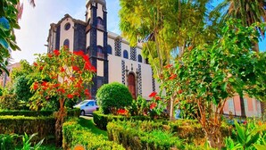 A church with a bell tower, surrounded by lush greenery and palm trees.