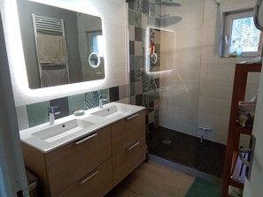 Shower, hair dryer, towels