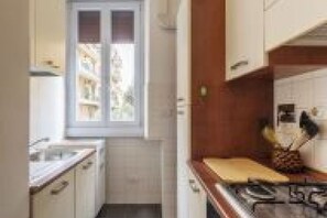 Een koelkast, een oven, een kookplaat, kookgerei, borden en bestek