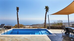 Una piscina con vista sul mare, due palme e un'area relax all'aperto.