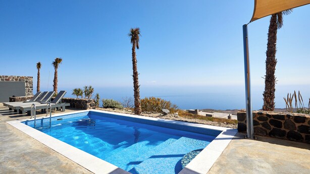 Una piscina con lettini, palme e vista sul mare.
