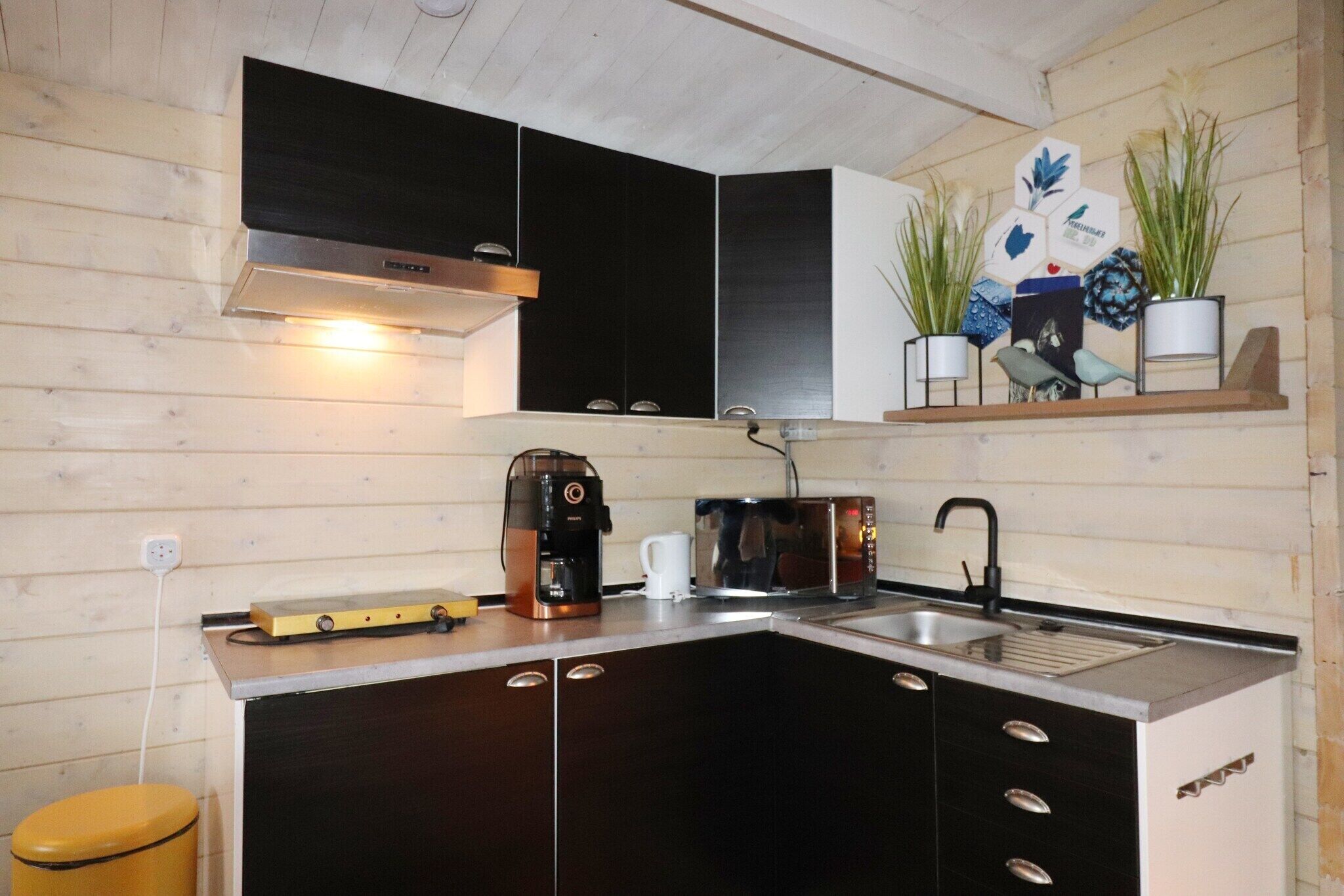 A compact kitchen with a built-in stove, a microwave, and a sink. There is a shelf with decorative items and a trash bin.