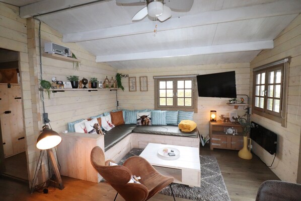 A cozy cabin interior with a wooden interior, a sofa bed, a coffee table, and a television.