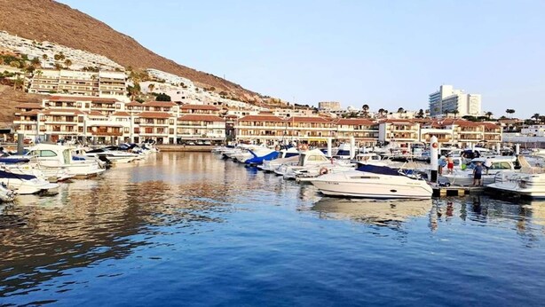 Un port de plaisance où sont amarrés des bateaux, entouré d’immeubles à plusieurs étages dotés de balcons, et une colline en arrière-plan.