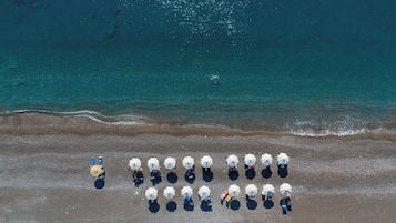 On the beach, sun-loungers, beach umbrellas, beach towels