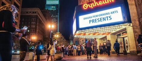 A marquee sign for the Orpheum theater advertising Omaha Performing Arts Presents.