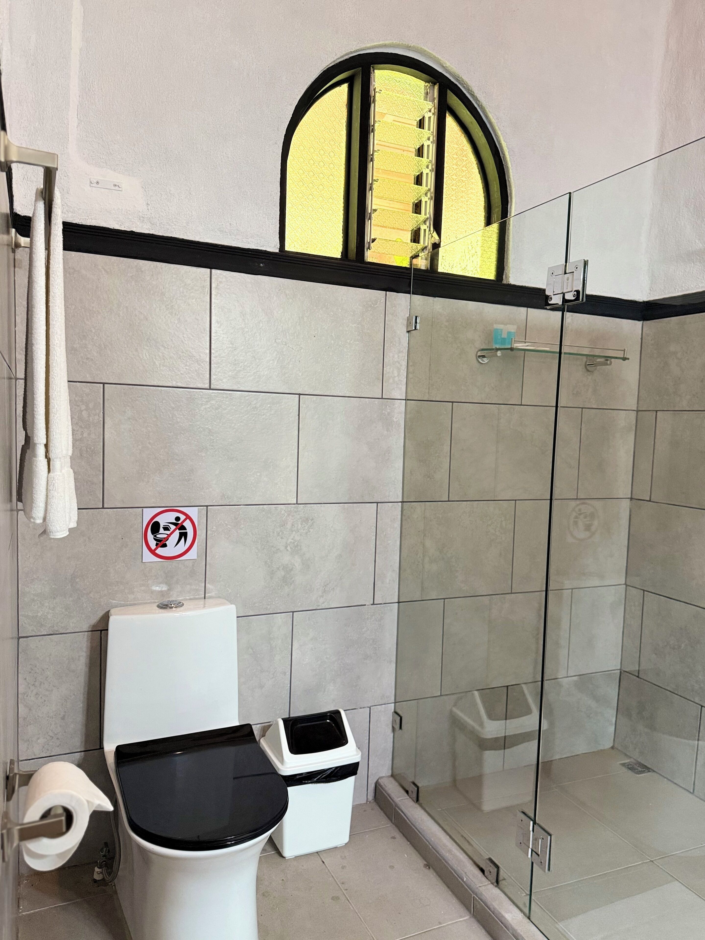 A bathroom with a toilet, bidet, and a glass-enclosed shower stall.