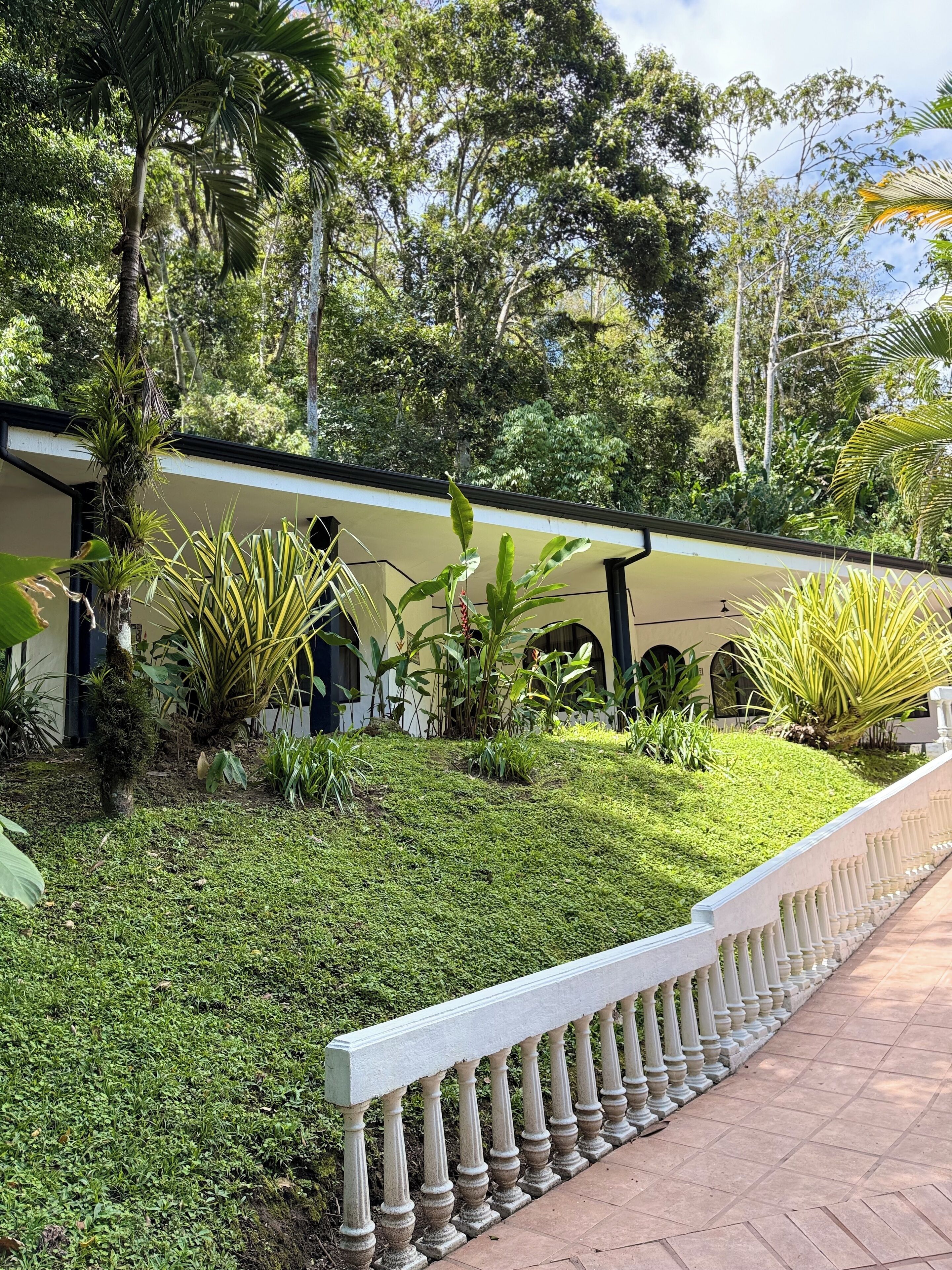 Un sendero bordeado por una balaustrada blanca, que conduce a un edificio de fachada color beige y ventanas arqueadas.