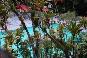 A pool surrounded by tropical plants and a red-roofed structure.