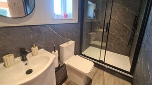 Une salle de bain avec un lavabo en marbre, des toilettes et une douche à parois de verre.