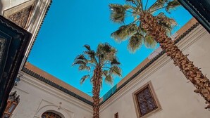 Une cour intérieure agrémentée de palmiers, d’arches et de motifs décoratifs complexes sur les murs.