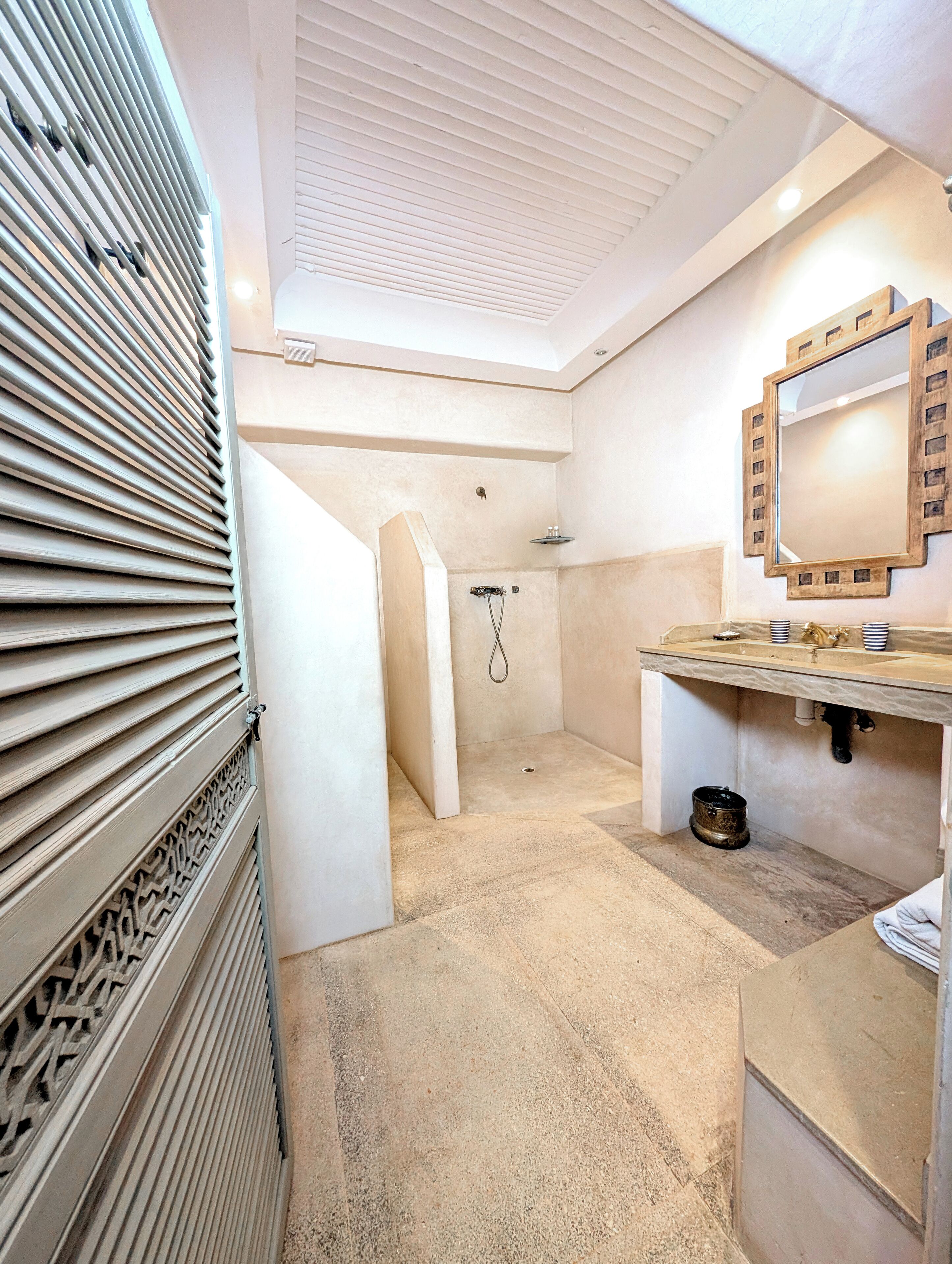 Une salle de bain avec une douche, un lavabo et un miroir.