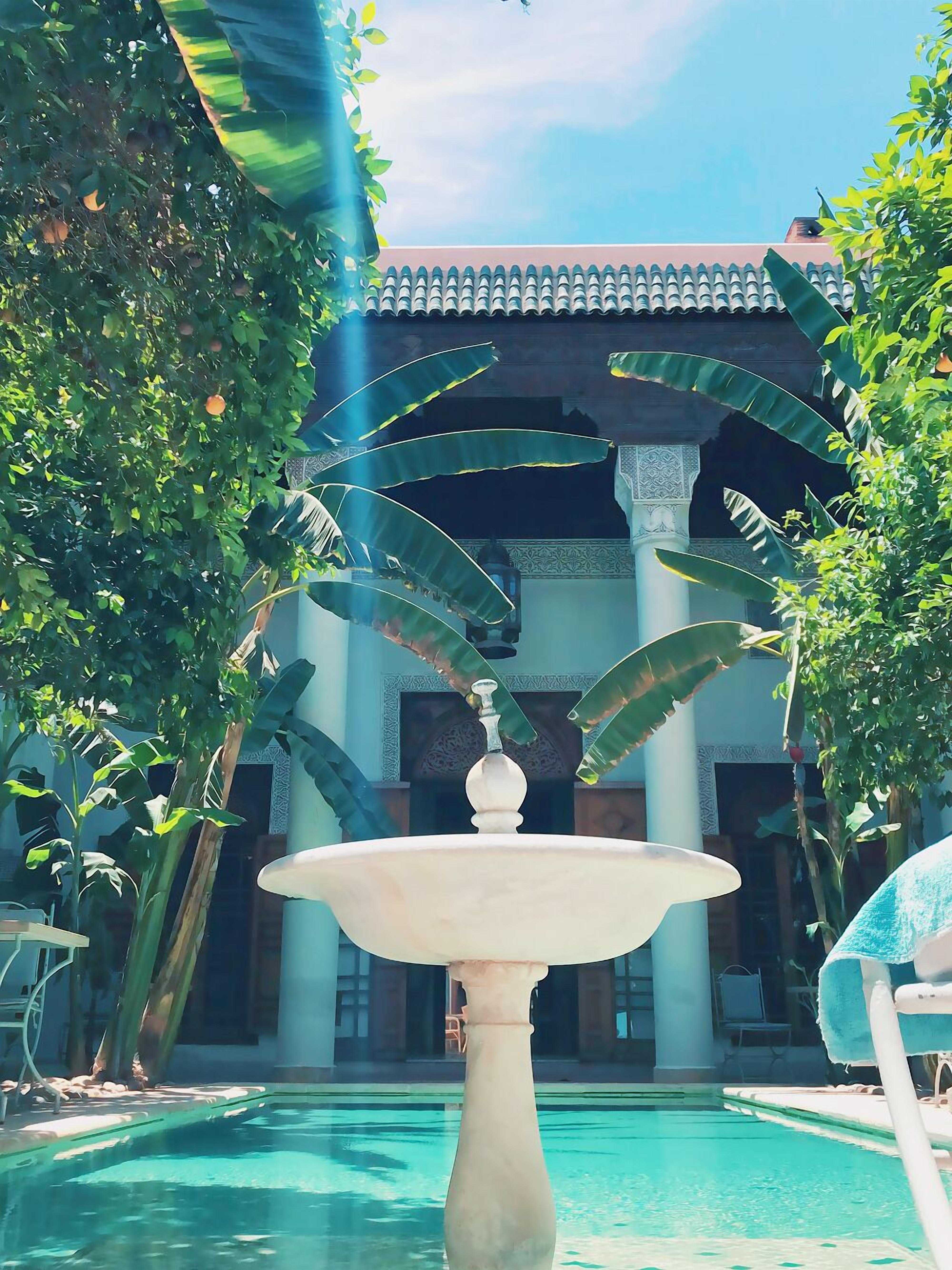 Zona de piscina amb una font central, envoltada de vegetació exuberant i un edifici amb teulada emblenquinada al fons.