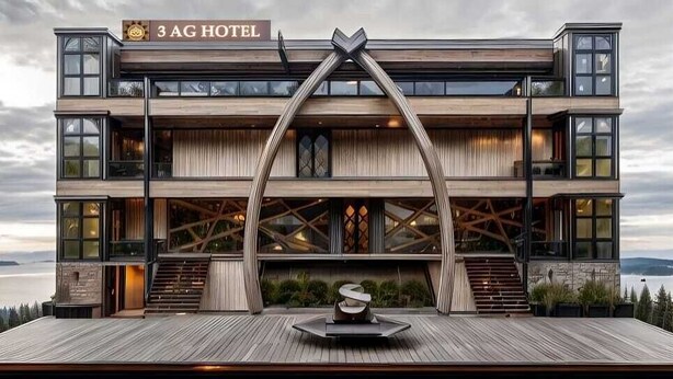 A modern 3 AG HOTEL with a wooden facade, large windows, and a view of the water. - 3AG HOTEL & RESORT (Faizabad)