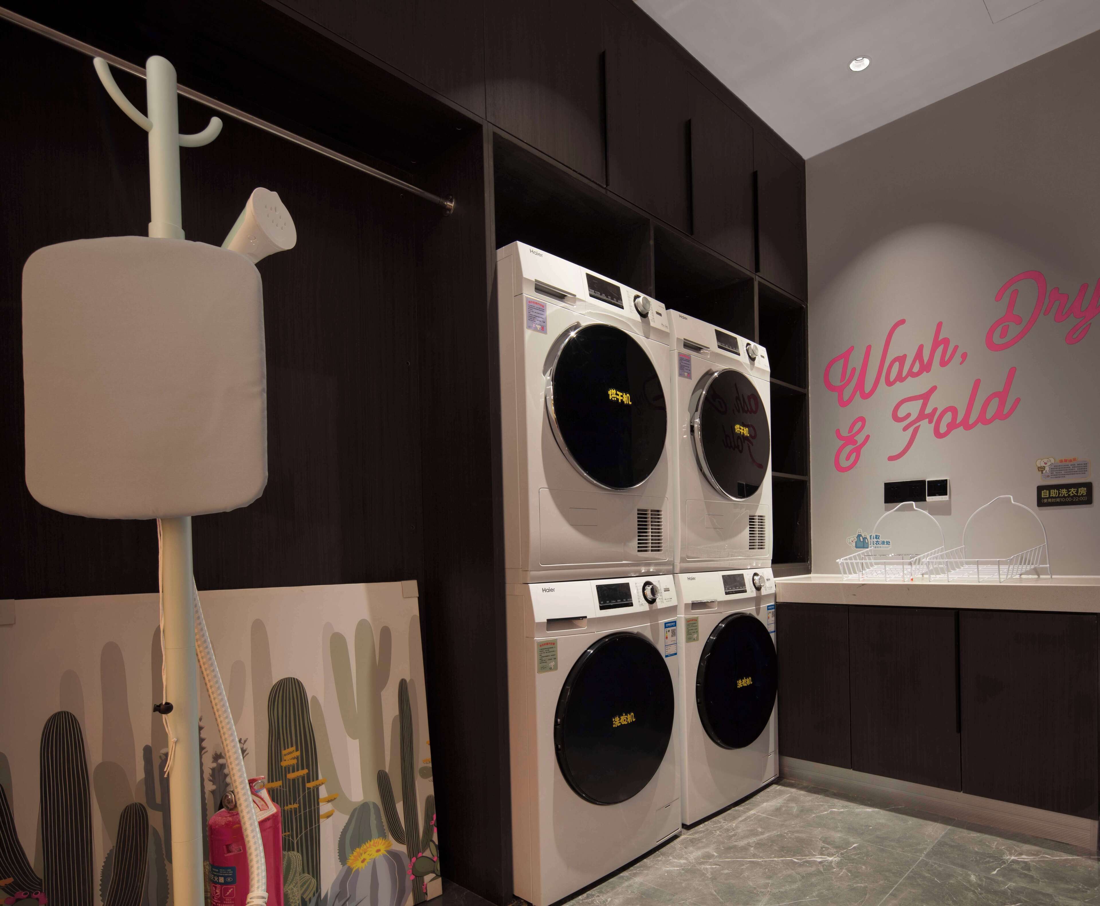 Une buanderie équipée d’un grand lave-linge et d’un sèche-linge fixés au mur, d’un étendoir et d’un mur décoratif orné de cactus.