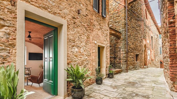 Une ruelle étroite, pavée de pierres, avec une porte verte et des plantes en pot.
