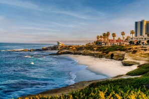 A coastal hotel with a beach view, rocky shoreline, and palm trees. - Pool, spa, 1 mile from the beach! The Deja Blue Pool Paradise in La Jolla (La Jolla)