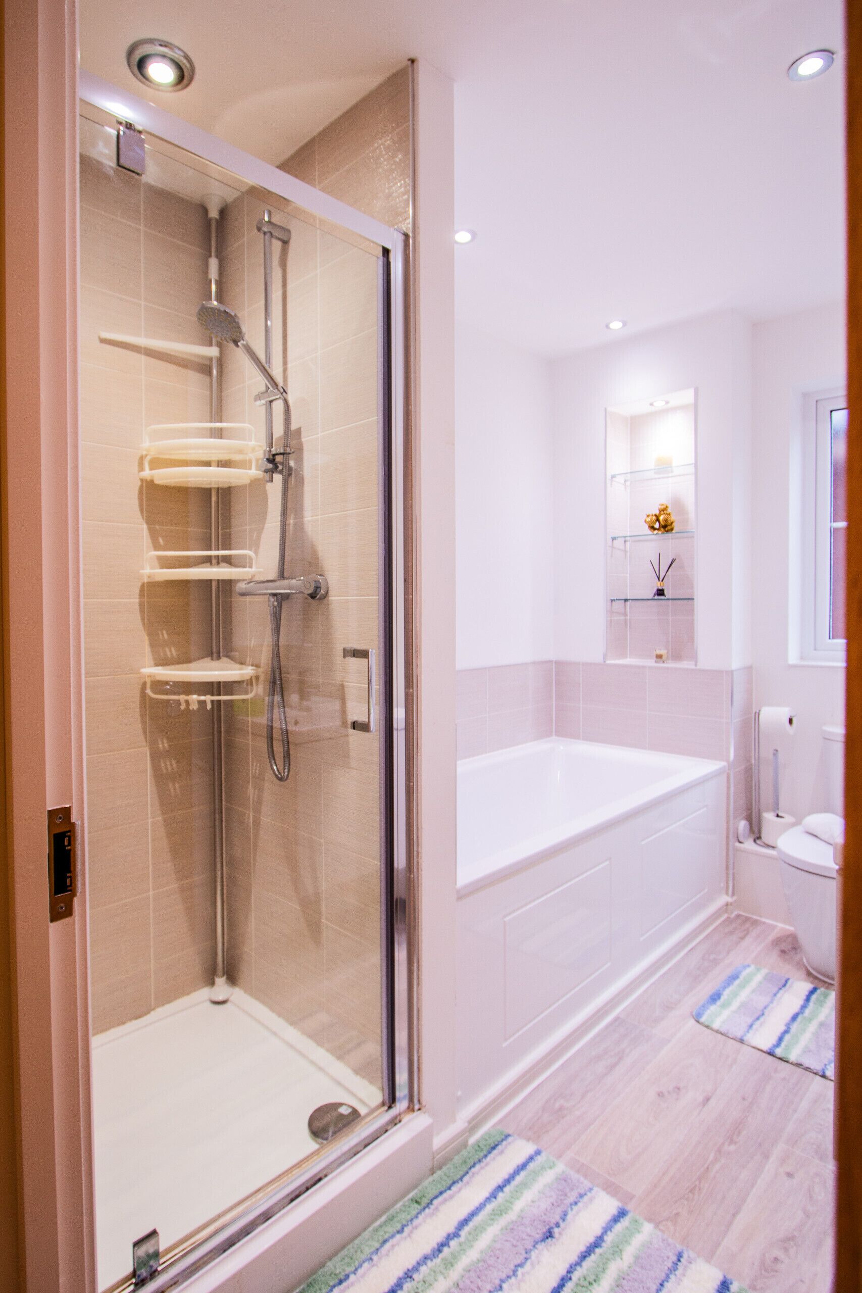 Hair dryer, towels, soap, shampoo