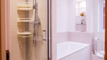 Hair dryer, towels, soap, shampoo