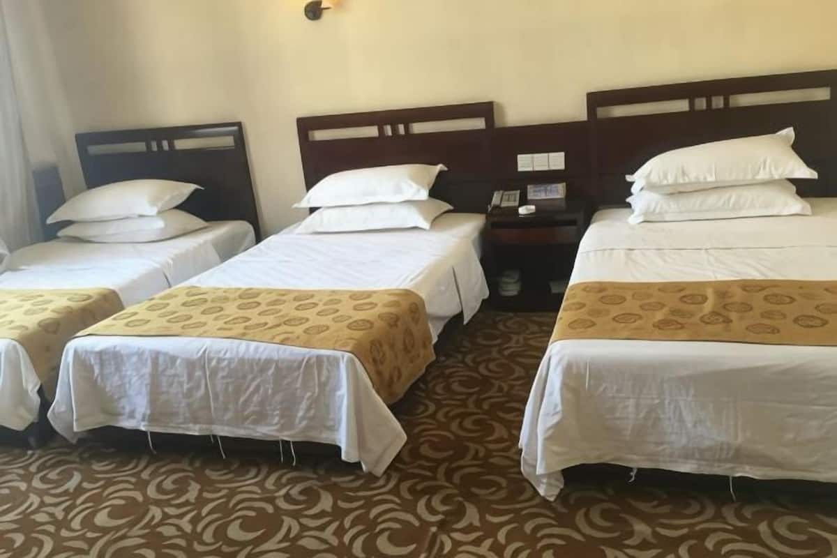 A hotel room with three single beds, a wooden headboard, a nightstand, and a patterned carpet.