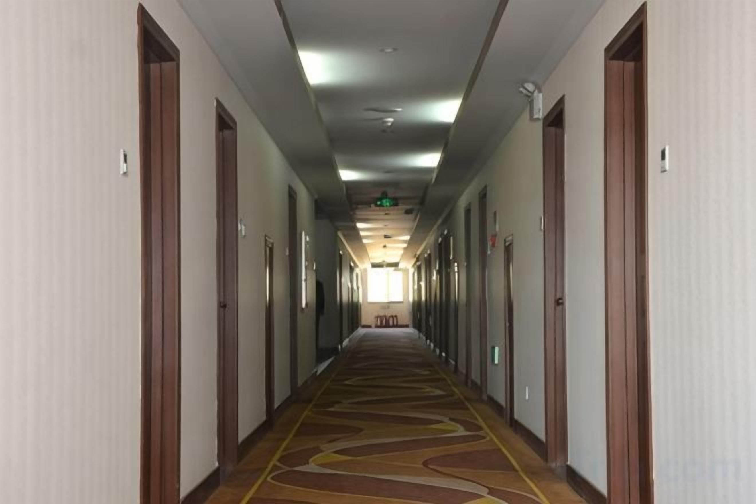 A hotel corridor with doors on both sides, carpeted floor, and overhead lighting.