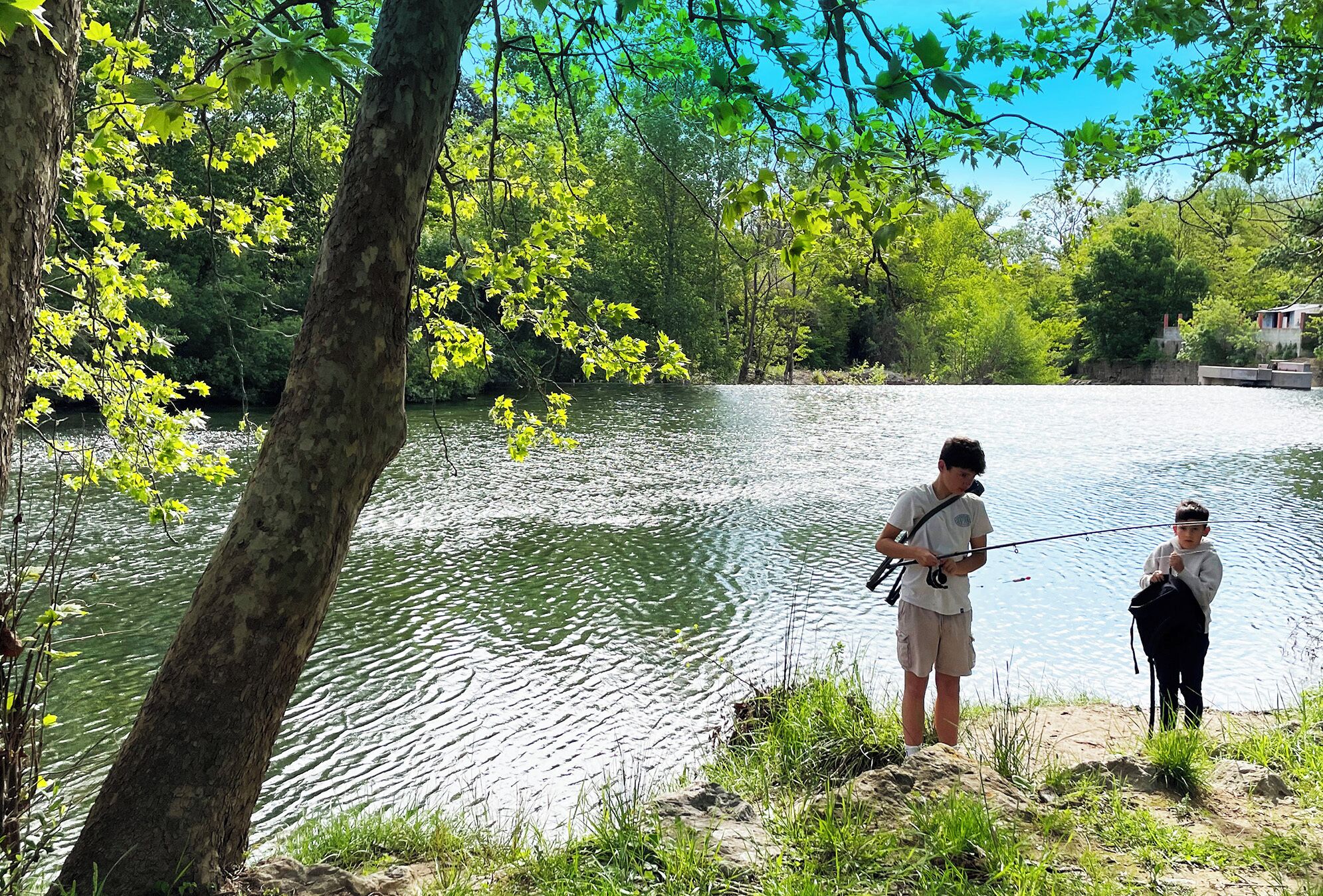 A serene lakeside scene with two individuals fishing, surrounded by lush greenery and a clear sky.