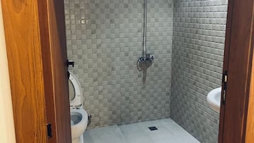 Shower, hair dryer, slippers, towels