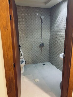 Douche, sèche-cheveux, chaussons, serviettes fournies