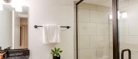 Hair dryer, towels, soap, shampoo