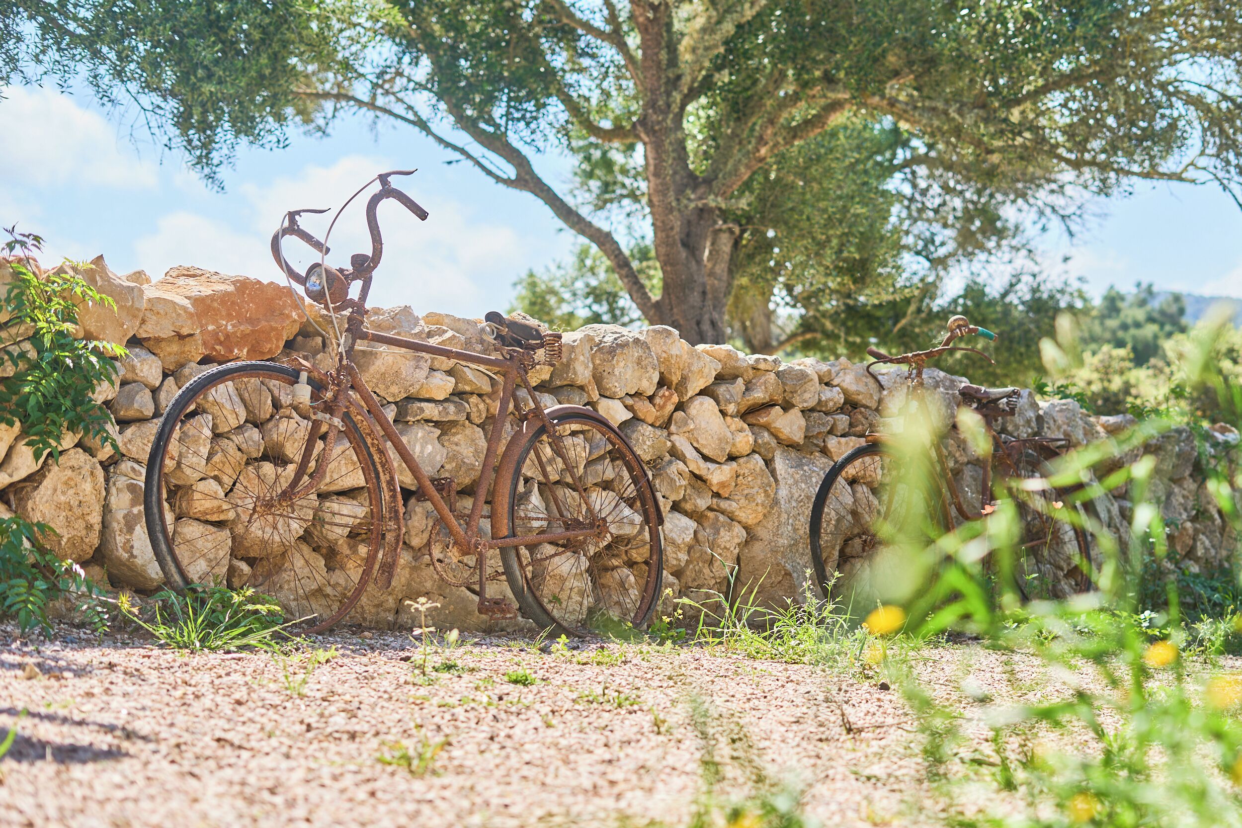 A rustic stone wall with a bicycle leaning against it.