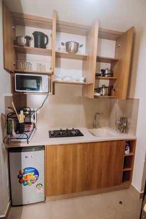 Réfrigérateur, micro-ondes, plaque de cuisson, bouilloire électrique