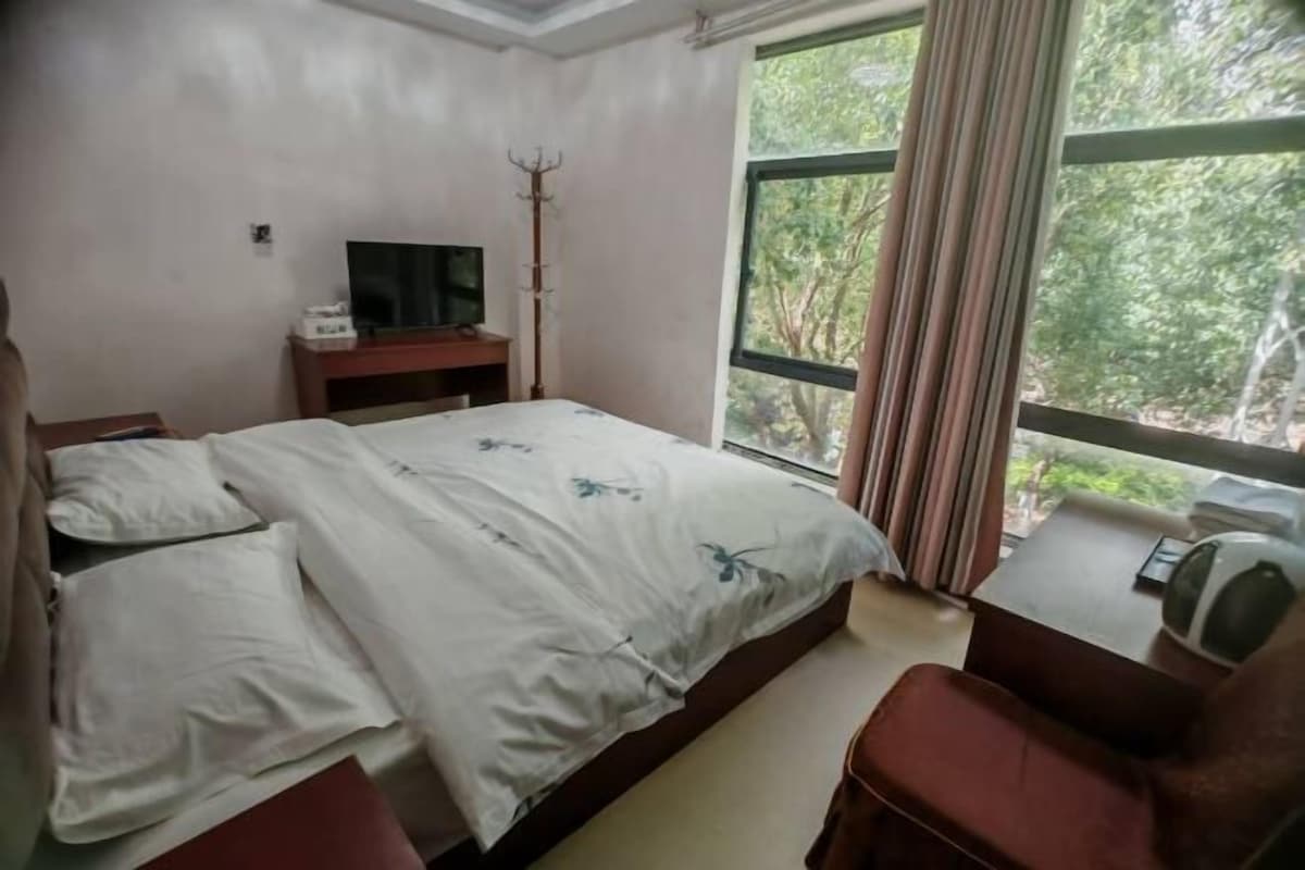 A bedroom with a bed, a TV on a stand, a coat rack, a window with curtains, and a view of trees.