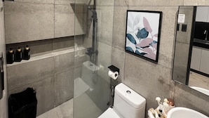 Un baño moderno con ducha envuelta en vidrio, inodoro y lavamanos.