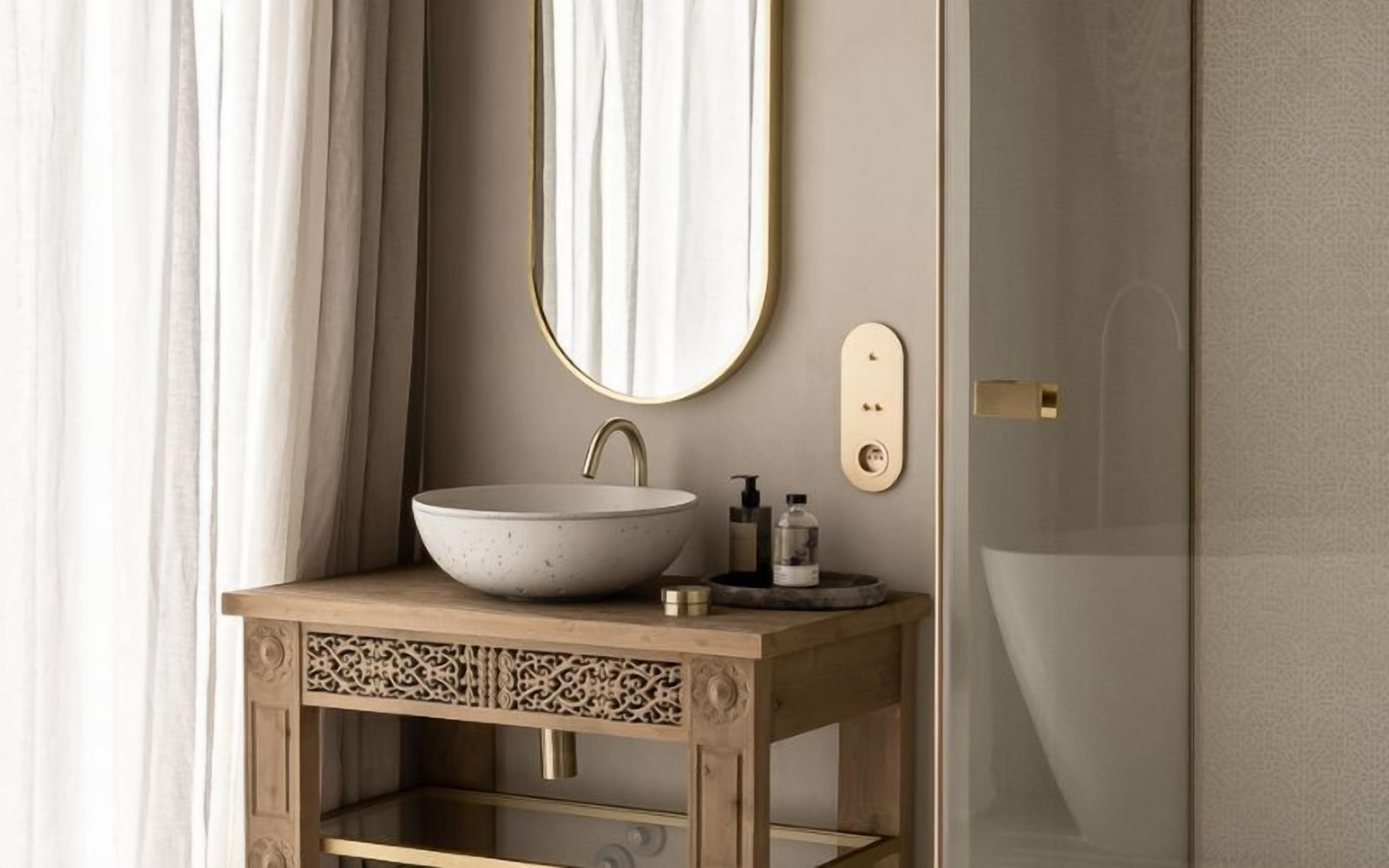 A bathroom with a freestanding sink, a round mirror, and a glass shower enclosure.