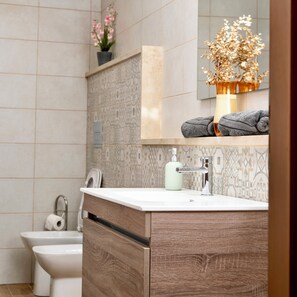 Regadera, secadora de cabello, bidet, jabón