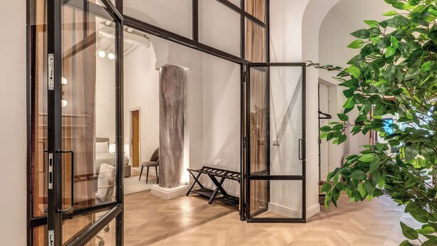 A modern interior with a herringbone wood floor, glass doors, and a large plant.
