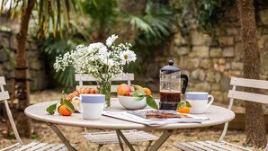 Ett runt bord med en kaffekanna, koppar, en skål med frukt och en vas med blommor.
