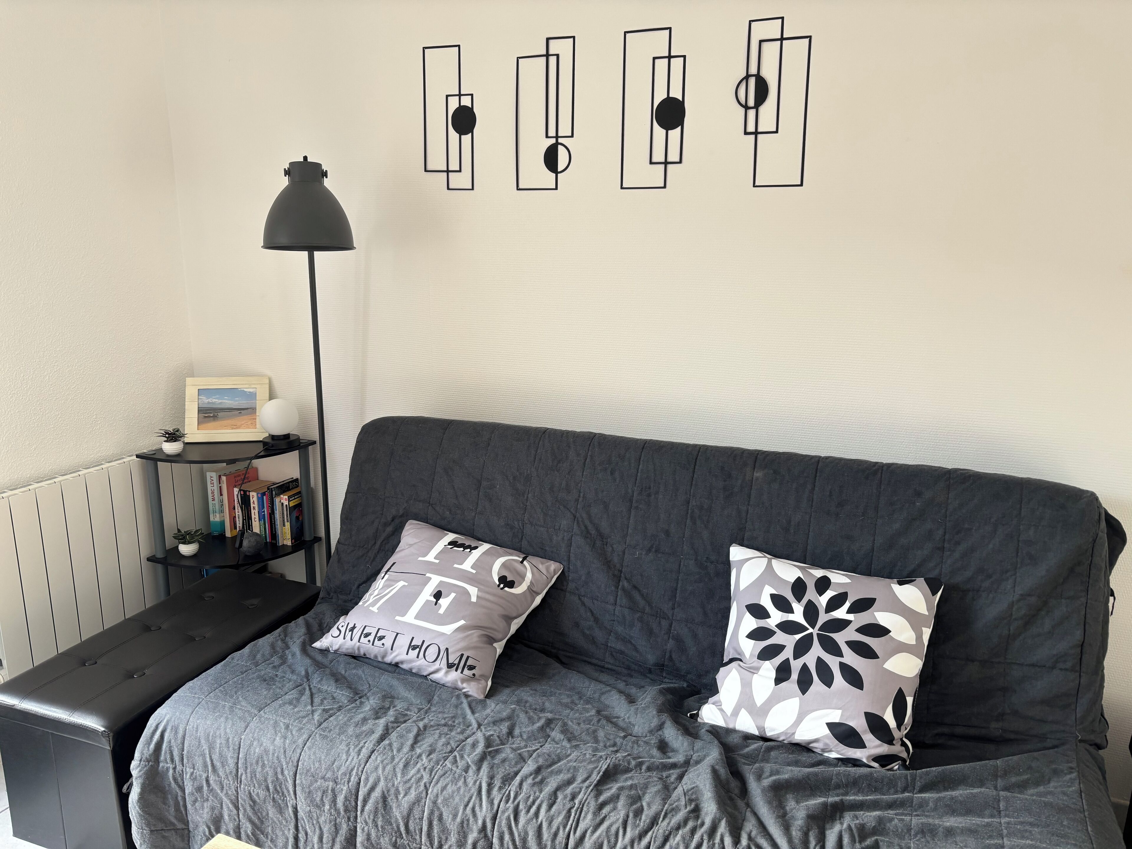 Een gezellige kamer met een grijze bank, twee decoratieve kussens, een zwarte vloerlamp, een klein plankje met boeken en een plant, en abstracte wanddecoratie.