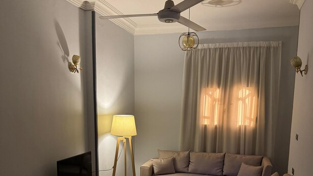 Un salon avec un canapé, un téléviseur, une lampe et un ventilateur de plafond.