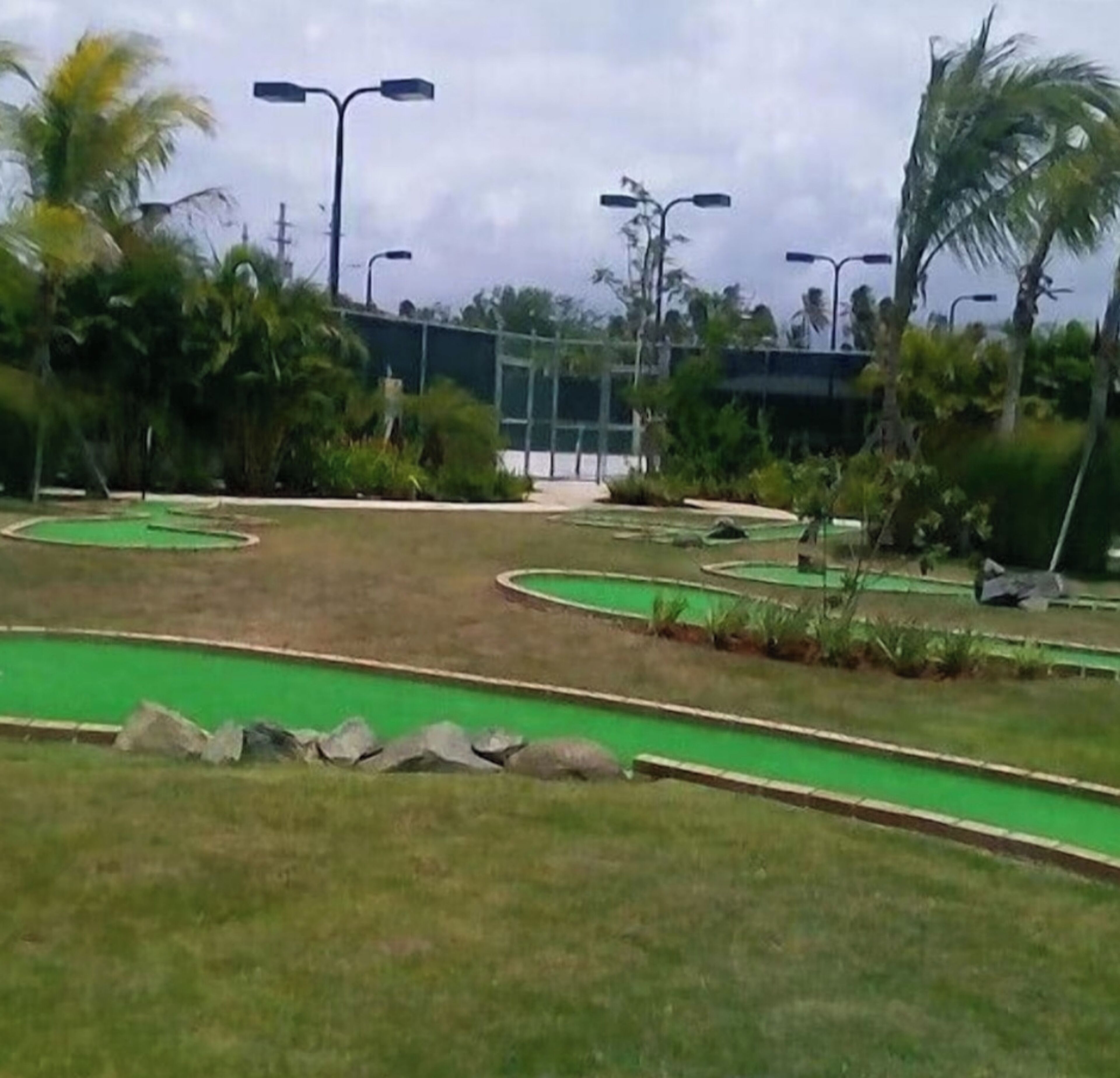 A golf course with multiple green lanes and palm trees.