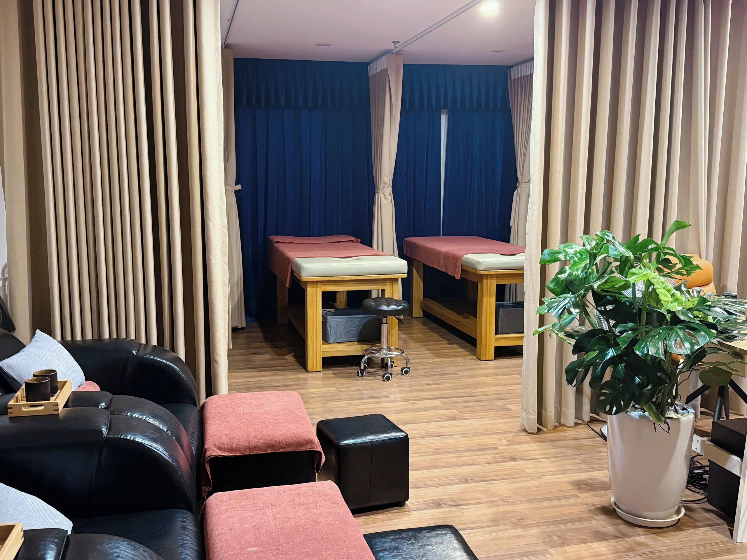 A room with a massage table, a massage chair, and a potted plant.
