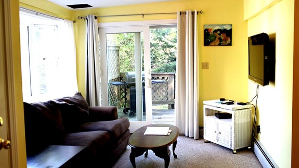A living room with a sofa, a coffee table, and a TV stand. - Large 1 bed w/ private deck (Portland)