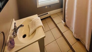 A bathroom with a sink, mirror, and window with blinds. - Studio Apartment near downtown Walkable! (Portland)