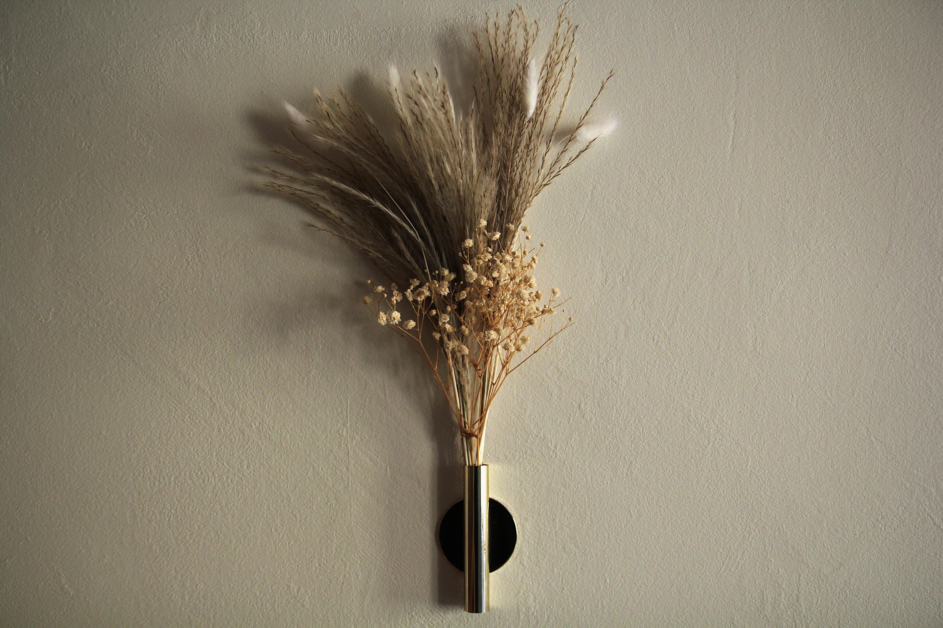 A wall-mounted vase with dried plants against a plain wall.